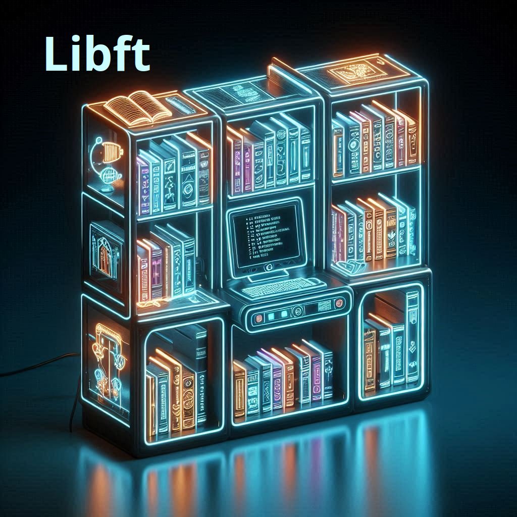 Una biblioteca con luces de neón. En su estante principal hay un ordenador portátil.